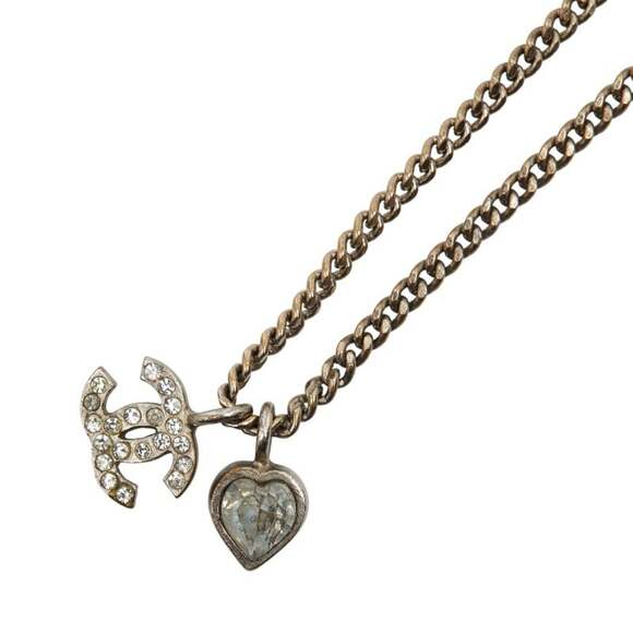 Chanel Coco Mark Heart Necklace in Silver with Rhinestones for Women